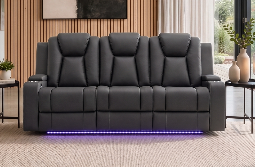 3 seater with end electric recliners & adjustable headrests