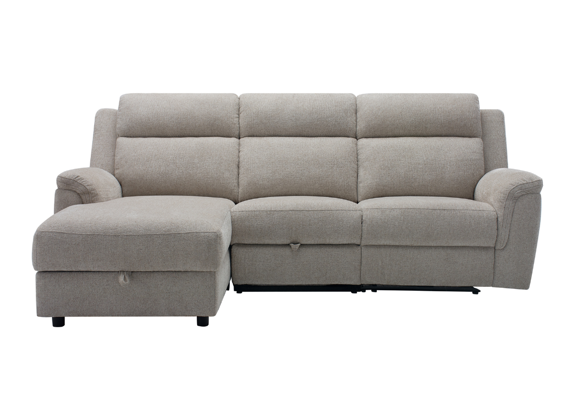 3 Seater Chaise with end electric recliner, centre seat with drawer & storage chaise