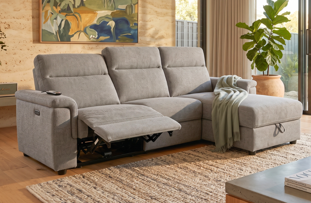 3 Seater Chaise with end electric recliner, centre seat with drawer & storage chaise