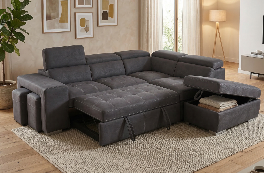 Corner with storage chaise sofa bed & 2 ottomans