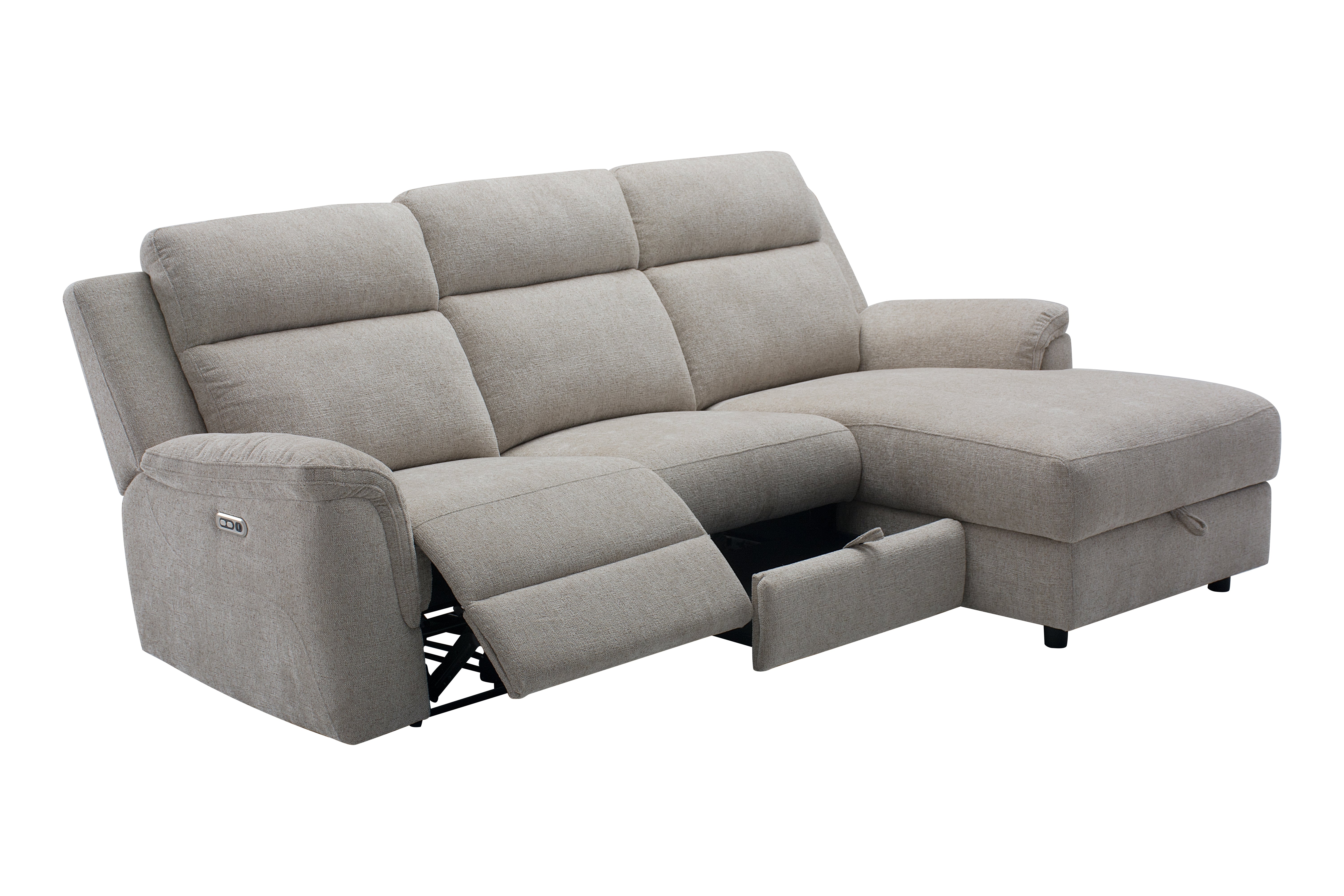 3 Seater Chaise with end electric recliner and storage chaise